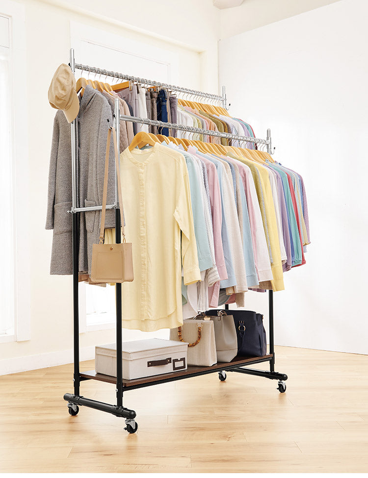 頑丈ハンガーラック 幅120cm ダブル キャスター付き 下棚収納 高さ伸長可 スチール製 ハンガー 衣類収納 コート掛け パイプハンガー(代引不可)