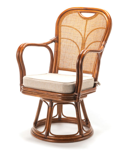 椅子 ラタン チェア 肘掛け高め 背もたれ有 ハイバック 読書やスマホが楽になるラタン回転椅子ハイ 高座椅子 籐 天然素材 丈夫 しなやか 通気性 年中快適 回転チェア 軽量 クッション 滑り止め 和風(代引不可)