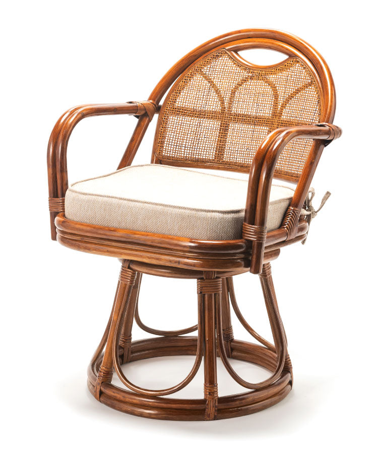 椅子 ラタン チェア 肘掛け付き 背もたれ付き ラタン回転椅子ハイ 高座椅子 籐 天然素材 丈夫 しなやか 通気性 年中快適 回転チェア 軽量 クッション付き 滑り止め 和風 和室(代引不可)