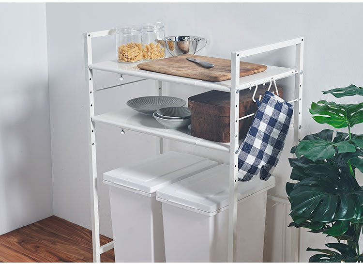 ゴミ箱上ラック 棚2段 伸縮式 幅56~76cm 奥行41cm 高さ110cm 棚板高さ調節 レンジ台 レンジラック ごみ箱上ラック ゴミ箱ラック ごみ箱ラック ダストボックス 2個 ごみ箱収納 ゴミ箱収納 棚(代引不可)