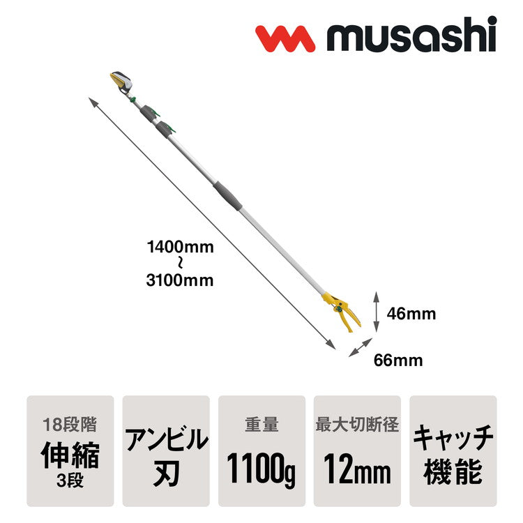 ムサシ 替刃式 高枝切り鋏 アンビル刃 伸縮式 1.4m~3.1m 高枝切りばさみ 高枝切ばさみ 高枝切りバサミ 剪定鋏 園芸ばさみ 園芸鋏 NO.631 ガーデニング 庭木 果実 花 カット 収穫(代引不可)