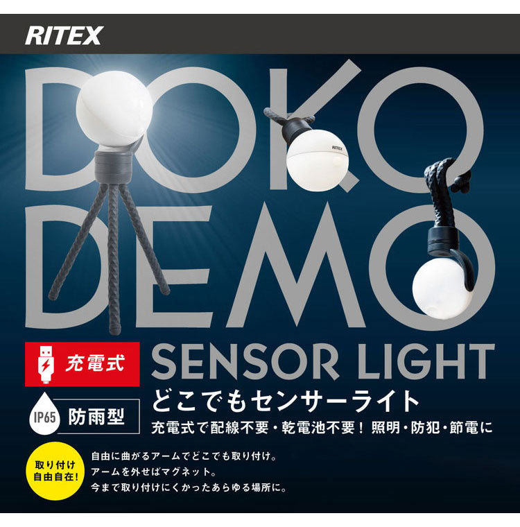 ムサシ 屋外 防犯ライト 人感センサーライト RITEX 充電式どこでもセンサーライト300 ASC-930 配線不要 防犯 強盗対策 充電式 LEDライト 玄関 ガレージ 照明 防犯グッズ ランタン(代引不可)
