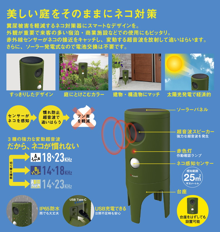 ムサシ ソーラー猫しっし 超音波猫よけ 電池交換不要 置くだけ簡単 ネコしっし ソーラー発電式 センサー式 猫よけ ネコよけ 猫対策 ネコ対策 庭 ガーデン おしゃれ REP-610 musashi