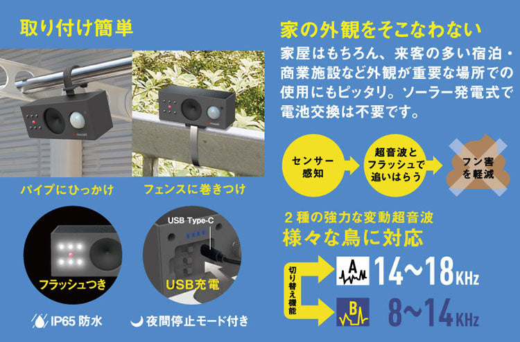 ムサシ ソーラー鳥しっし 超音波鳥よけ 電池交換不要 置くだけ簡単 トリしっし ソーラー発電式 鳥よけ 害鳥対策 ハト 鳩 ムクドリ カラス カラスよけ フン害対策 庭 ガーデン REP-700 musashi