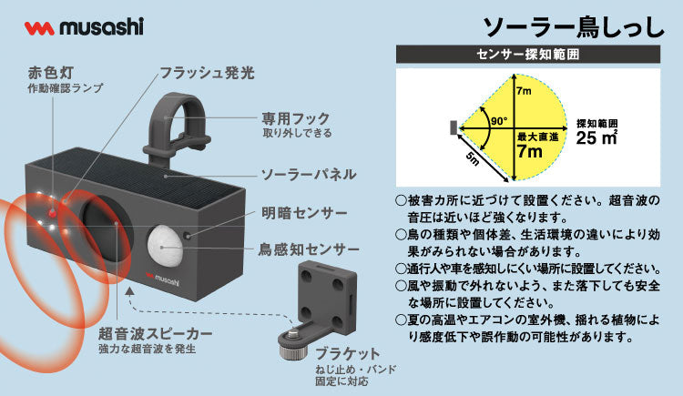 ムサシ ソーラー鳥しっし 超音波鳥よけ 電池交換不要 置くだけ簡単 トリしっし ソーラー発電式 鳥よけ 害鳥対策 ハト 鳩 ムクドリ カラス カラスよけ フン害対策 庭 ガーデン REP-700 musashi