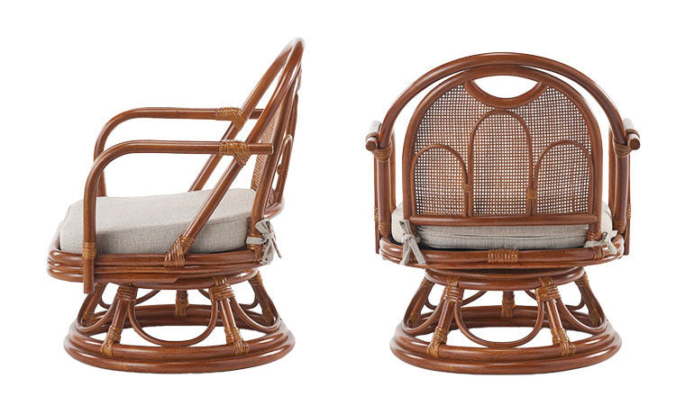 椅子 ラタン チェア 肘掛け付き ラタン回転椅子ミドル 籐 天然素材 丈夫 しなやか 通気性 年中快適 回転チェア 軽量 クッション付き 滑り止め 和風 和室 ゆったり リラックス(代引不可)