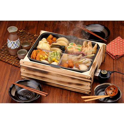 日本製 多用途おでん鍋 ふるさとのれん 家庭用 電気式 温度調節可能 仕切り板付お手入れ簡単!内面は フッ素樹脂加工 外側:木枠(代引不可)