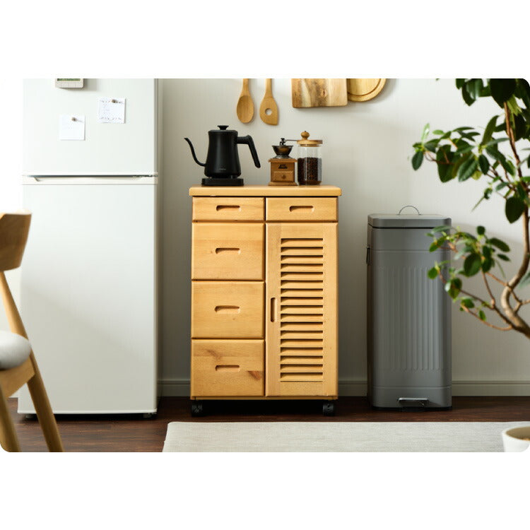 キッチンワゴン 完成品 幅50cm キャスター付き 天然木 ルーバーキッチンワゴン 大容量 引出し収納 扉収納 キッチンカウンター キャビネット 棚 ラック ワゴン 作業台 木製 ルーバー扉(代引不可)