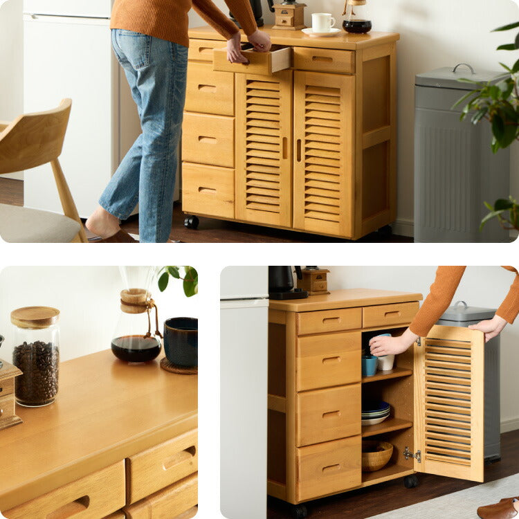 キッチンワゴン 完成品 幅50cm キャスター付き 天然木 ルーバーキッチンワゴン 大容量 引出し収納 扉収納 キッチンカウンター キャビネット 棚 ラック ワゴン 作業台 木製 ルーバー扉(代引不可)