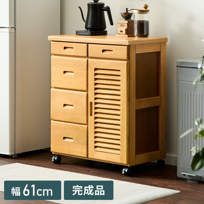 キッチンワゴン 完成品 幅61cm キャスター付き 天然木 ルーバーキッチンワゴン 大容量 引出し収納 扉収納 キッチンカウンター キャビネット 棚 ラック ワゴン 作業台 木製 ルーバー扉(代引不可)