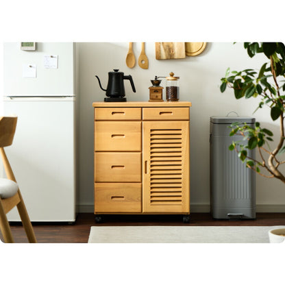 キッチンワゴン 完成品 幅61cm キャスター付き 天然木 ルーバーキッチンワゴン 大容量 引出し収納 扉収納 キッチンカウンター キャビネット 棚 ラック ワゴン 作業台 木製 ルーバー扉(代引不可)