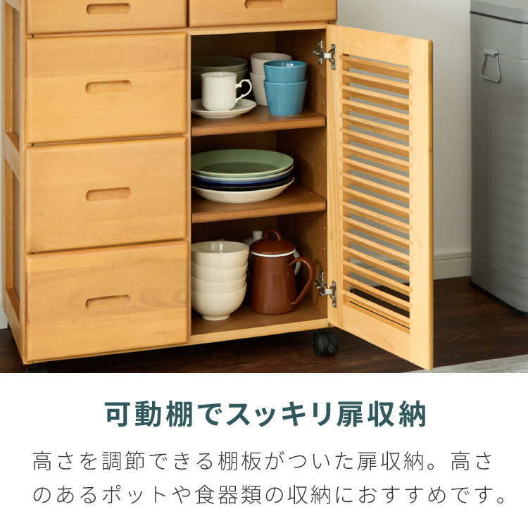 キッチンワゴン 完成品 幅61cm キャスター付き 天然木 ルーバーキッチンワゴン 大容量 引出し収納 扉収納 キッチンカウンター キャビネット 棚 ラック ワゴン 作業台 木製 ルーバー扉(代引不可)