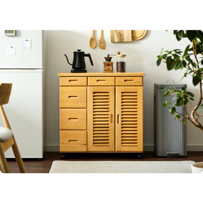 キッチンワゴン 完成品 幅75cm キャスター付き 天然木 ルーバーキッチンワゴン 大容量 引出し収納 扉収納 キッチンカウンター キャビネット 棚 ラック ワゴン 作業台 木製 ルーバー扉(代引不可)