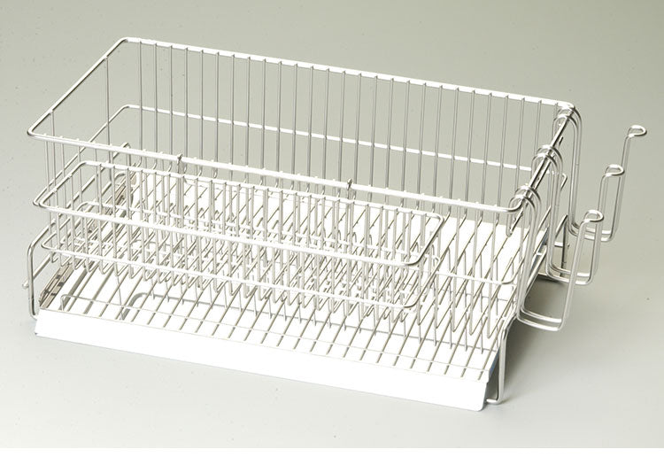 日本製 燕三条 水切りラック セット シンク横 水が流れるトレー付き スリム 縦置き 21×35cm オールステンレス コップ立て カトラリーかご付属 まな板スタンド 水切りかご 水切りカゴ(代引不可)
