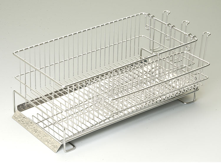 日本製 燕三条 水切りラック セット シンク横 水が流れるトレー付き スリム 横置き 37×19cm オールステンレス コップ立て カトラリーかご付属 まな板スタンド 水切りかご 水切りカゴ(代引不可)