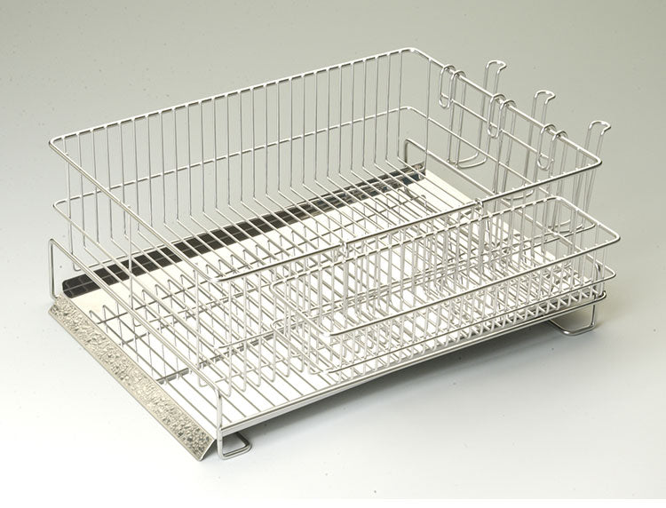 日本製 燕三条 水切りラック セット シンク横 水が流れるトレー付き レギュラー 横置き 37×27cm オールステンレス コップ立て カトラリーかご付属 まな板スタンド 水切りかご 水切りカゴ(代引不可)