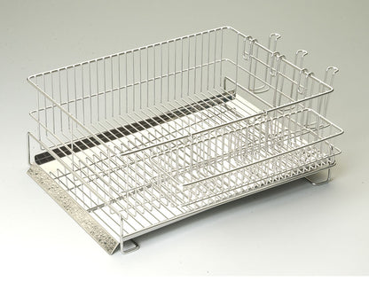 日本製 燕三条 水切りラック セット シンク横 水が流れるトレー付き レギュラー 横置き 37×27cm オールステンレス コップ立て カトラリーかご付属 まな板スタンド 水切りかご 水切りカゴ(代引不可)