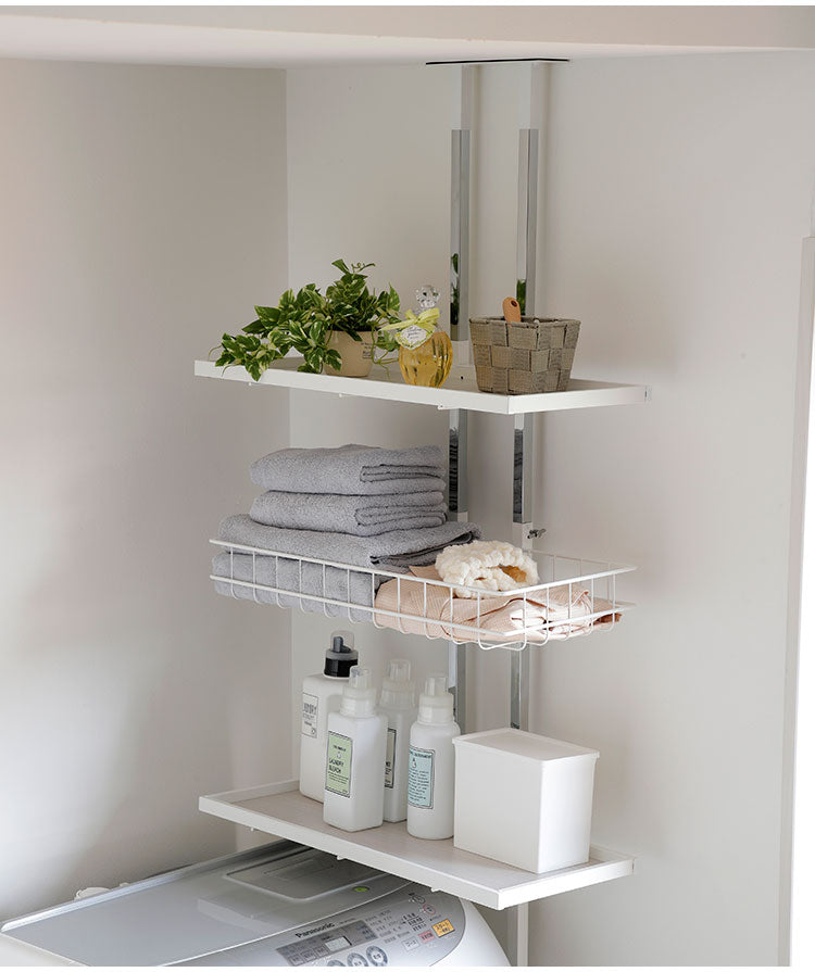 突っ張り ランドリーラック 幅58cm ロータイプ 高さ145~208cm 棚2枚+バスケット1個 防水パン対応 棚板リバーシブル 突っ張り つっぱり ランドリー 洗濯機ラック 棚 ラック ランドリー収納(代引不可)