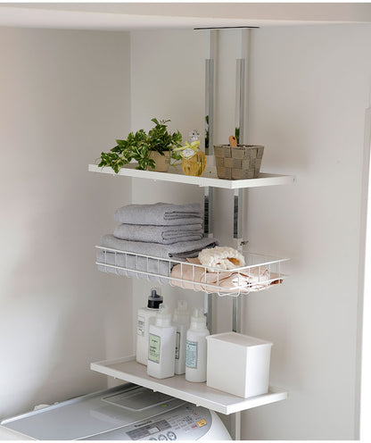 突っ張り ランドリーラック 幅58cm ロータイプ 高さ145~208cm 棚2枚+バスケット1個 防水パン対応 棚板リバーシブル 突っ張り つっぱり ランドリー 洗濯機ラック 棚 ラック ランドリー収納(代引不可)