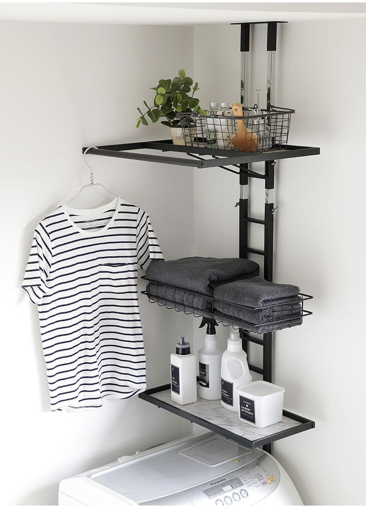 突っ張り ランドリーラック 幅58cm ハイタイプ 高さ210~263cm ハンガーバー付き 防水パン対応 棚板リバーシブル 突っ張り つっぱり ランドリー 洗濯機ラック 棚 ラック ランドリー収納(代引不可)