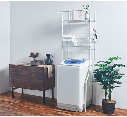ランドリーラック 伸縮式 幅59~87 置き型 取り外しできるバスケット2個付き カゴ付き 脚段差対応 防水パン対応 洗濯機ラック ランドリー 棚 ラック ランドリー収納(代引不可)