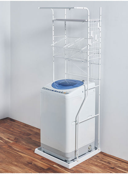 ランドリーラック 伸縮式 幅59~87 置き型 取り外しできるバスケット2個付き カゴ付き 脚段差対応 防水パン対応 洗濯機ラック ランドリー 棚 ラック ランドリー収納(代引不可)