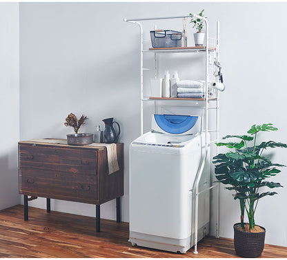 ランドリーラック 伸縮式 幅59~87 置き型 棚板2枚付き ハンガーバー付き 脚段差対応 防水パン対応 洗濯機ラック ランドリー 棚 ラック ランドリー収納(代引不可)