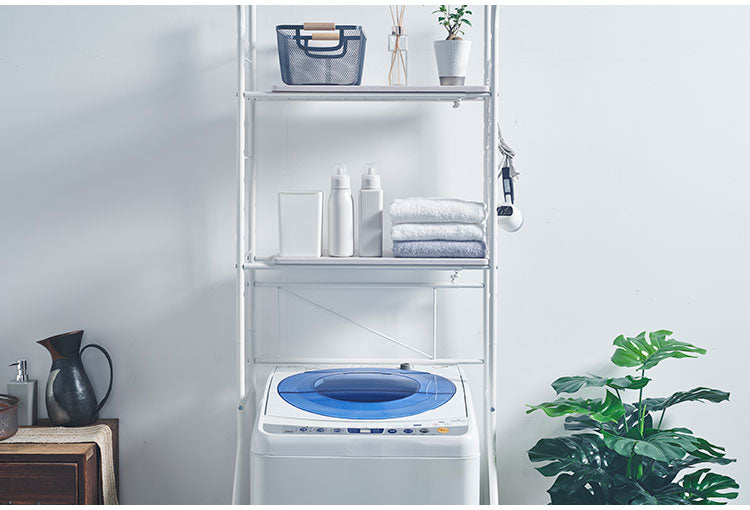 ランドリーラック 伸縮式 幅59~87 置き型 棚板2枚付き ハンガーバー付き 脚段差対応 防水パン対応 洗濯機ラック ランドリー 棚 ラック ランドリー収納(代引不可)