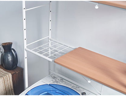 ランドリーラック 伸縮式 幅59~87 置き型 棚板2枚付き ハンガーバー付き 脚段差対応 防水パン対応 洗濯機ラック ランドリー 棚 ラック ランドリー収納(代引不可)