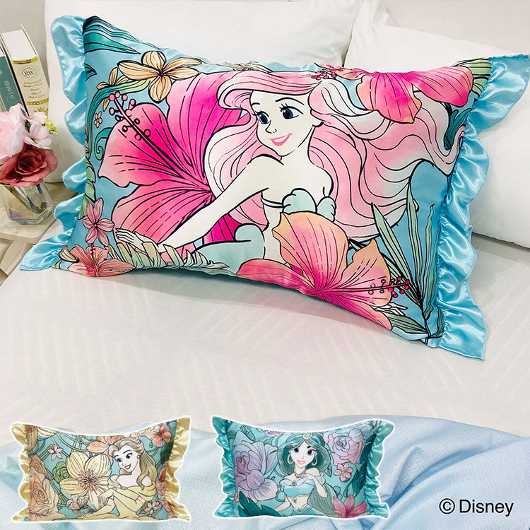 シルキータッチ枕カバー ディズニープリンセス ピローカバー フリル付き 肌触り 保湿 Disney アリエル ジャスミン ベル かわいい pillow cover 睡眠 安眠(代引不可)