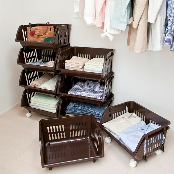 【3個セット】 平和工業 積み重ねバスケット Nブラウン バスケット カゴ 重ねて使う 収納 かご 棚 キッチン 衣類(代引不可)