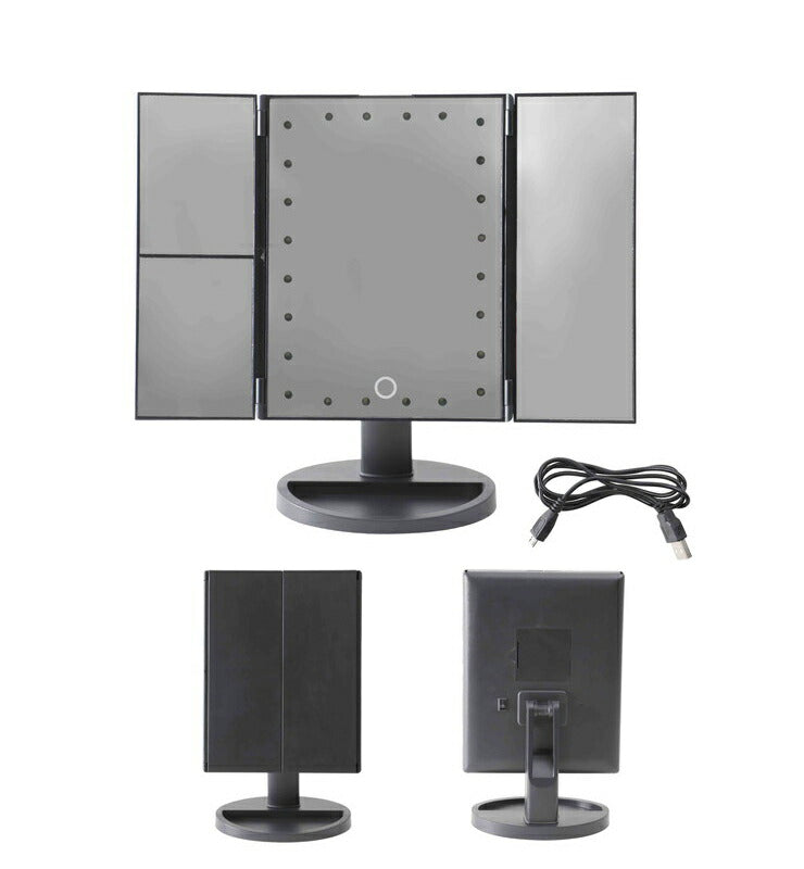 卓上ミラー ライト付き LEDライト付き メイクアップ用ミラー 三面鏡 角度調整可 拡大鏡 ミラーライト USB電源式 乾電池式 メイク 化粧鏡 メイクミラー スタンドミラー ブライトミラー KSBY-004B