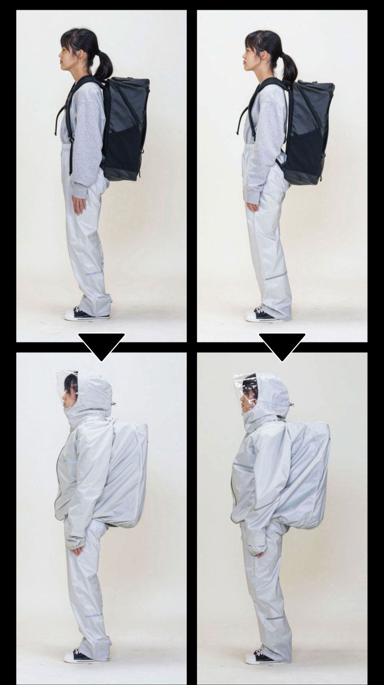THE ROOTS レインスーツ 40Lのリュック対応 回転フード 上下セット ライトグレー リュックインレインスーツ レディース メンズ 収納袋付き 通勤 通学 自転車 フェス レインウェア レインコート