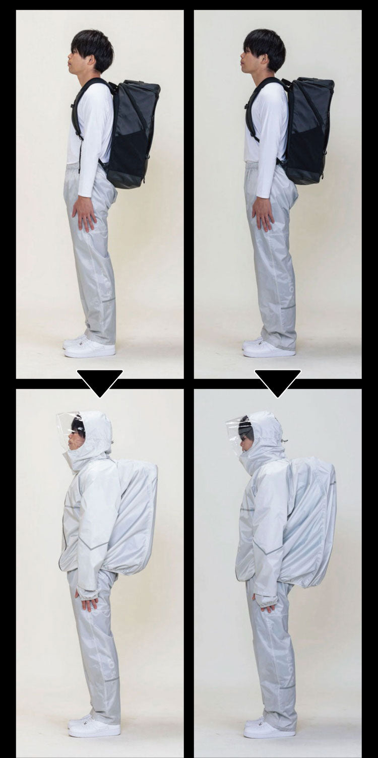 THE ROOTS レインスーツ 40Lのリュック対応 回転フード 上下セット ライトグレー リュックインレインスーツ レディース メンズ 収納袋付き 通勤 通学 自転車 フェス レインウェア レインコート