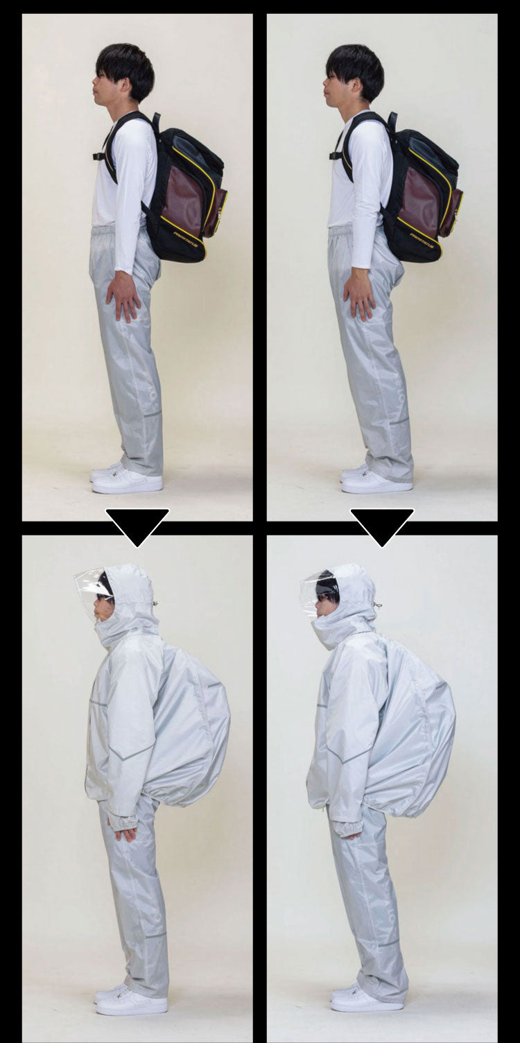 THE ROOTS レインスーツ 40Lのリュック対応 回転フード 上下セット ライトグレー リュックインレインスーツ レディース メンズ 収納袋付き 通勤 通学 自転車 フェス レインウェア レインコート