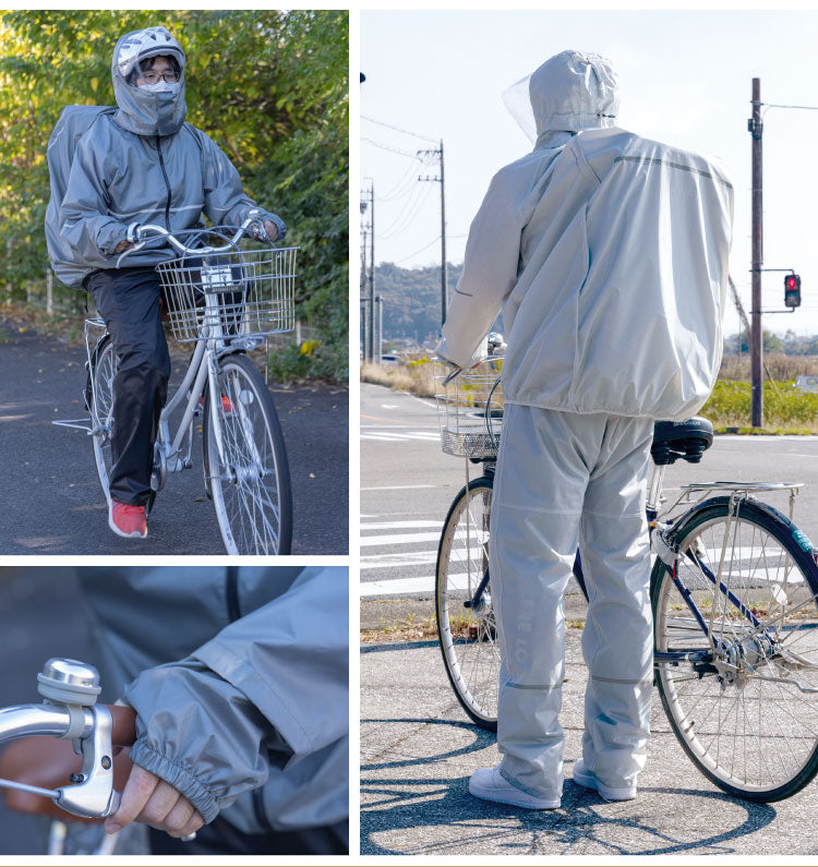 THE ROOTS レインスーツ 40Lのリュック対応 回転フード 上下セット ライトグレー リュックインレインスーツ レディース メンズ 収納袋付き 通勤 通学 自転車 フェス レインウェア レインコート