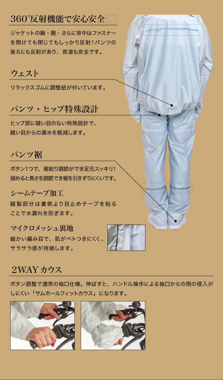 THE ROOTS レインスーツ 40Lのリュック対応 回転フード 上下セット ライトグレー リュックインレインスーツ レディース メンズ 収納袋付き 通勤 通学 自転車 フェス レインウェア レインコート