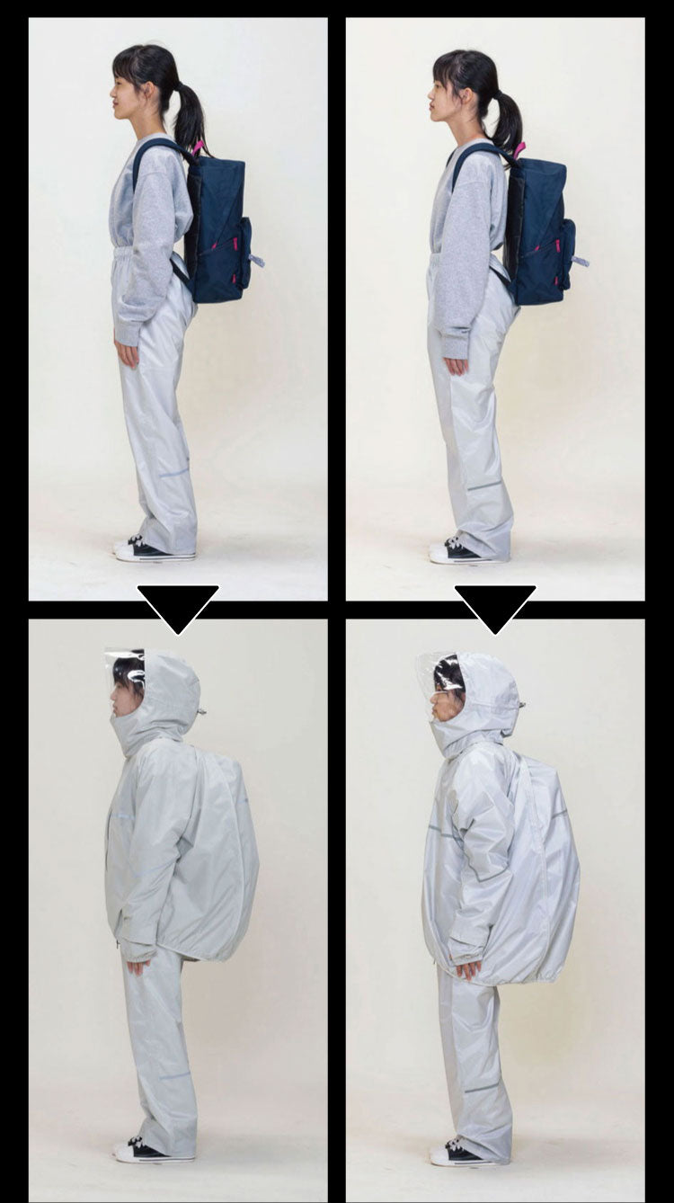 THE ROOTS レインスーツ 40Lのリュック対応 回転フード 上下セット ライトグレー リュックインレインスーツ レディース メンズ 収納袋付き 通勤 通学 自転車 フェス レインウェア レインコート