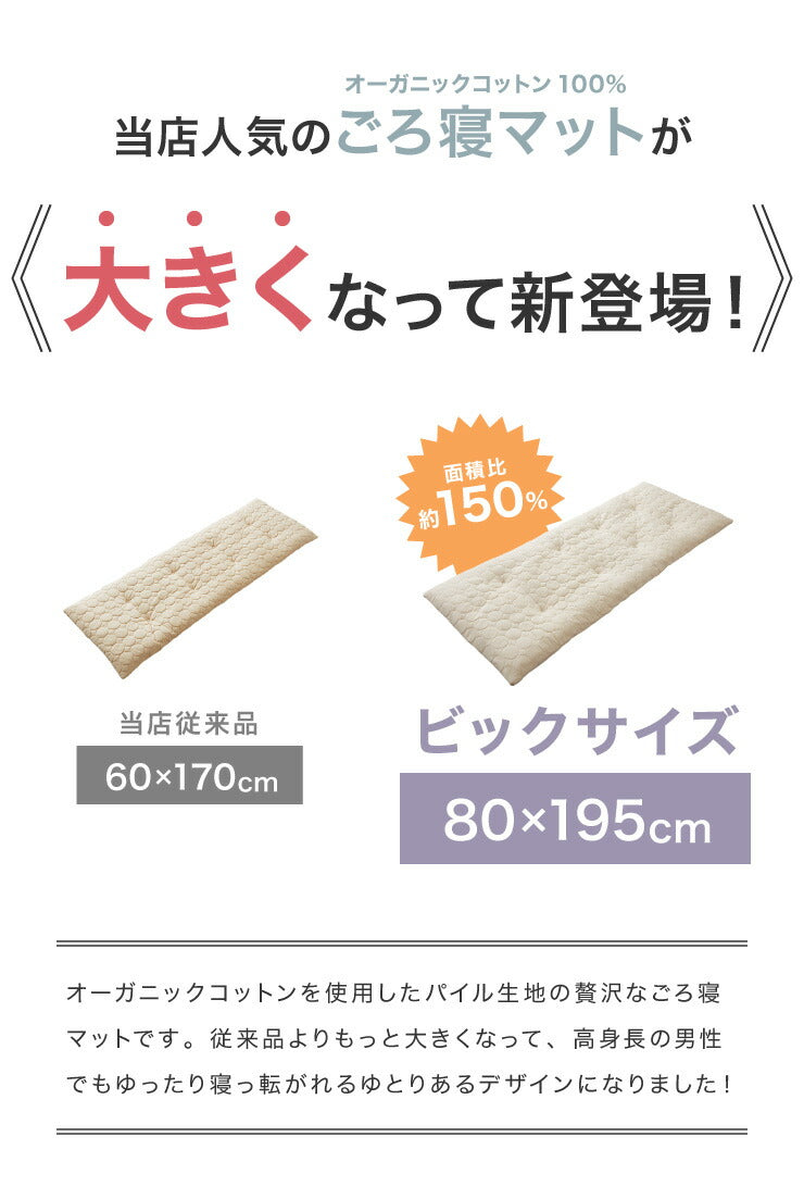 ごろ寝マット 洗える 80×195cm セミシングル 綿100% オーガニックコットン 天然素材 中綿入り 吸湿速乾 消臭 折りたたみ