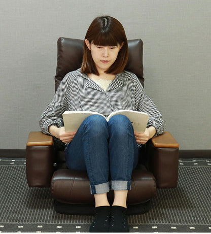 座椅子 回転座椅子 ポケットコイル 肘掛け付 リラックスチェア フロアチェア リクライニング 天然木 合成皮革 レザー張り 1人掛け リモコンポケット 敬老の日在宅勤務 リモートワーク(代引不可)