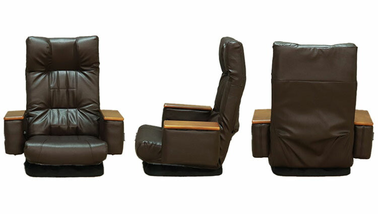 座椅子 回転座椅子 ポケットコイル 肘掛け付 リラックスチェア フロアチェア リクライニング 天然木 合成皮革 レザー張り 1人掛け リモコンポケット 敬老の日在宅勤務 リモートワーク(代引不可)