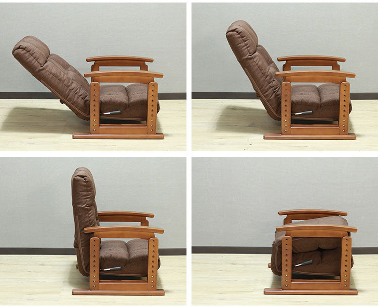 高座椅子 回転式 木肘 7段階リクライニング 座面高 8段高さ調整 座いす 天然木 座イス チェア フロアチェア 1人掛け 肘付き ポケットコイル16個入 ファブリック 布 レバー式 リクライニング(代引不可)