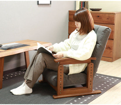 高座椅子 木肘 7段階リクライニング 座面高 8段高さ調整 座いす 天然木 座イス チェア フロアチェア 1人掛け 肘付き ポケットコイル16個入 ファブリック 布 レバー式 リクライニング(代引不可)