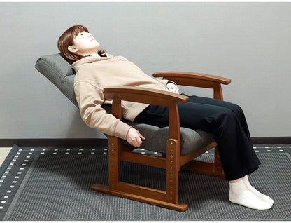 高座椅子 木肘 7段階リクライニング 座面高 8段高さ調整 座いす 天然木 座イス チェア フロアチェア 1人掛け 肘付き ポケットコイル16個入 ファブリック 布 レバー式 リクライニング(代引不可)