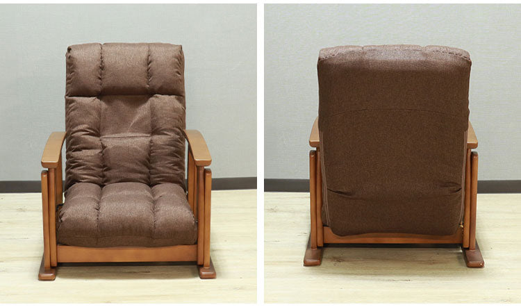 高座椅子 回転式 木肘 7段階リクライニング 座面高 8段高さ調整 座いす 天然木 座イス チェア フロアチェア 1人掛け 肘付き ポケットコイル16個入 ファブリック 布 レバー式 リクライニング(代引不可)