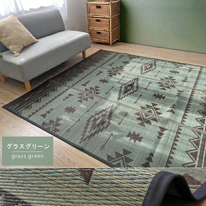 い草 ラグ 夏用 おしゃれ 涼しい 2畳 正方形 西海岸 インテリア 敷物 エスニック オルテガ キリム 180×180cm ネイビー グリーン 夏インテリア アジアン アウトドア 洗濯不要 洗わないラグ