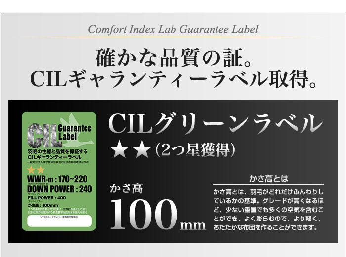 日本製 羽毛布団 ダブル 掛けふとん 【CILグリーンラベル】 ホワイトダックダウン 羽毛のためのアレルGプラス 3年保証