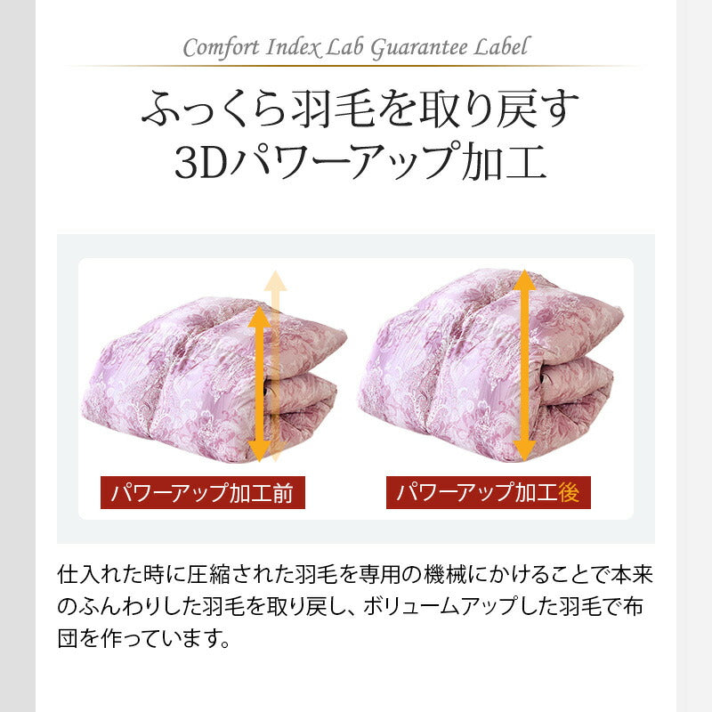羽毛ふとん 立体キルト構造 増量 1.7kg 日本製 CILシルバーラベル ダブル ホワイトダック ダウン90％ 300dp SEKアレルGプラス 3Dパワープラス ロング 羽毛布団 布団 掛け布団 羽毛 羽毛掛け布団 3ヶ年保証