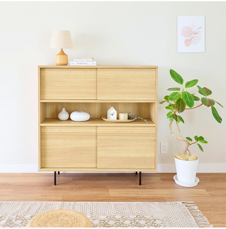 白井産業 キャビネット 棚 幅117cm 高さ118cm ナチュラルブラウン 引き戸 飾り棚 収納 リビング ジャパンディ 北欧 アトモナ