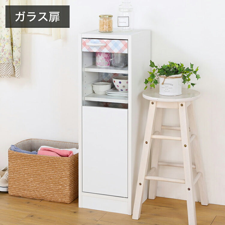 食器棚 ミニ 幅29cm 高さ90cm 北欧風 ホワイト 白 チェック柄 ガラス扉 小さくてかわいい キッチン収納 スリム 白井産業(代引不可)